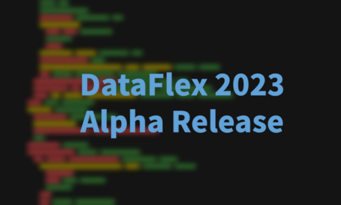 DataFlex 2023 Alpha release title on a code backdrop