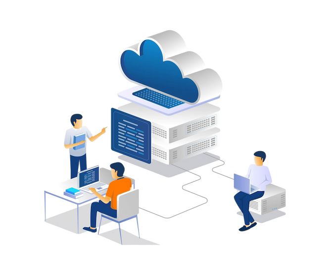 A portable desktop in the middle of a server room.