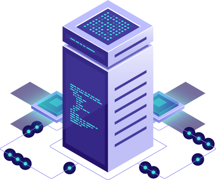 Isometric illustration of a central server connected to two smaller servers.