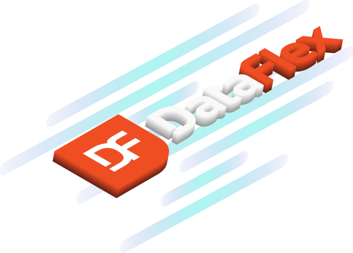 Isometric logo of DataFlex with blurred teal lines in the background.