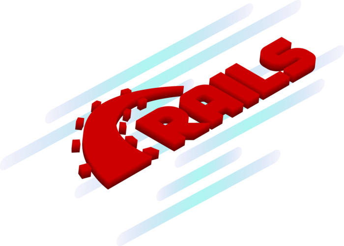Isometric logo of Ruby On Rails with blurred teal lines in the background.