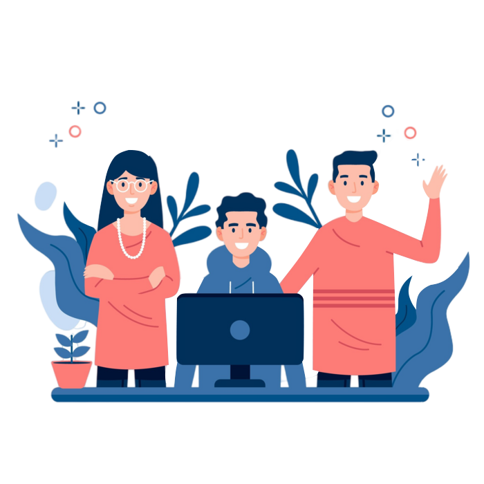 A team of developers behind a desk smiling and waving